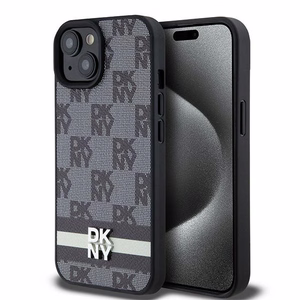 DKNY Nahkainen Checkered Mono Pattern & Printed Stripes Suojakuori iPhone 15/14/13:lle - musta