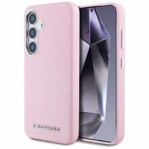 Karl Lagerfeld Saffiano Full Wrapped Elongated Metal Logo MagSafe Suojakuori Samsung Galaxy S25:lle - vaaleanpunainen
