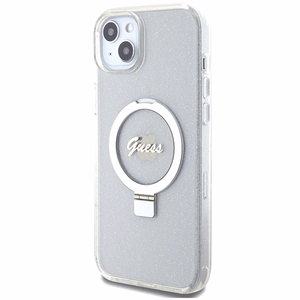 Guess GUHMP15MHRSGSD iPhone 15 Plus / 14 Plus 6.7" Läpinäkyvä/Läpinäkyvä Kova Suojakuori Ring Stand Script Glitter MagSafe