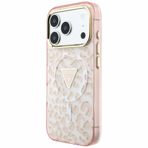 Guess IML Leopard Glitter Triangle Logo MagSafe suojakuori mallille iPhone 17 Pro Max / 18 Pro Max – väri: vaaleanpunainen