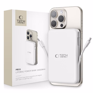 Tech-Protect LifeMag PB31 Power Bank MagSafe 10000mAh 15W USB-C / USB-A / Sisäänrakennetut USB-C / Lightning-kaapelit - Valkoinen