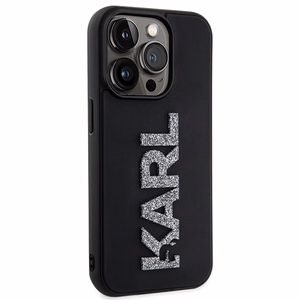 Karl Lagerfeld 3D Rubber Glitter Logo Suojakuori iPhone 15 Pro:lle - musta