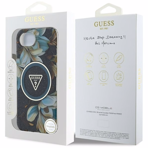 GUESS IML Metal Glitter Flowers Triangle MagSafe Alkuperäinen Suojakuori iPhone 17e/16e:lle - Musta
