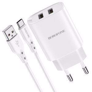 Borofone Seinälaturi BN2 Super - 2xUSB - 2,1A USB-C-kaapelilla valkoinen