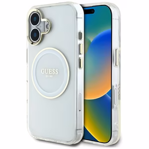 Guess IML Metal Colored Circle Classic Logo MagSafe Suojakuori iPhone 16:lle - valkoinen