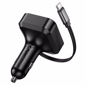 Autolaturi Hoco sisäänvedettävällä kaapelilla 2 x USB C + USB A QC PD 65W NZ18 musta