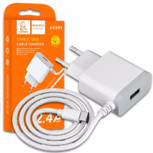 Laturi Denmen (DC09T-W) + Type-C kaapeli (1xUSB 2.4A) valkoinen