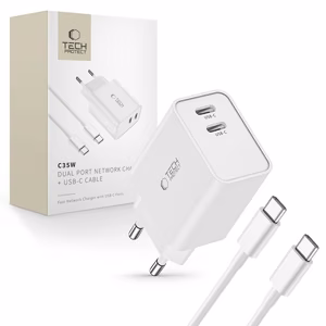 Tech-Protect C35W 2x USB-C PD 35W laturi USB-C / USB-C kaapelilla - valkoinen