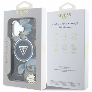 Guess suojakuori iPhone 16:lle MagSafe-tuella GUHMP16SHFLPEDK (IML Metal Glitter Flowers Triangle) - musta