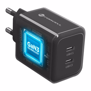 Forcell F-Energy GaN III Crystal Color VT-60 -puhelinlaturi, 2 × USB-C, AVS, SSFC3.0, 60 W, USB-C–USB-C-silikonikaapeli, musta