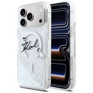 Karl Lagerfeld Liquid Glitter Karl Script Logo MagSafe suojakuori iPhone 17 Pro Max läpinäkyvä