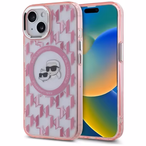 Karl Lagerfeld IML Monogram Karl & Choupette Head MagSafe Suojakuori iPhone 15:lle - Vaaleanpunainen