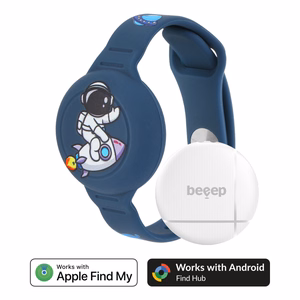 Beeep OneTag -paikannin lasten silikonirannekkeella, Astronaut, Apple Find My / Android