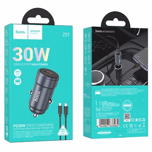 Autolaturi Hoco USB-C QC3.0 PD 30W + USB-C - Lightning -kaapeli Z57 metallinen harmaa