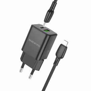 Borofone Seinälaturi BN14 Royal GaN - USB + Type C - QC 3.0 PD 30W Type C - Lightning kaapelilla musta