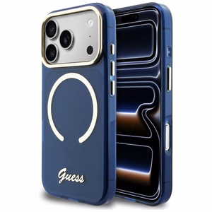 Guess IML Script Metal MagSafe Suojakuori iPhone 17 Pro Max:lle - Sininen