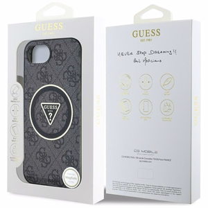 GUESS IML Metal Glitter 4G Circle Triangle MagSafe Alkuperäinen Suojakuori iPhone 17e/16e:lle - Musta