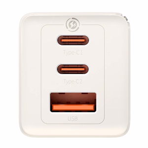 Seinälaturi Baseus GaN5 2x USB-C + USB, 65W + kaapeli 1m (valkoinen)