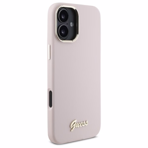 Guess Silikoninen Script Metal Logo & Frame Suojakuori iPhone 16 Plus:lle - Vaaleanpunainen
