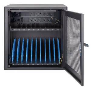 Manhattan Laptop Charging Cabinet Desktop via AC Adapter (EU) 10-bay, Install device's AC Adapter (power cables) into unit, Suitable for ALL laptops (to 16"), iPads, MacBooks, Chromebooks, other portable devices, Bays 380x30x280mm, Cart, Lockable