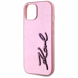 Karl Lagerfeld Wrinkled Metal Signature Suojakuori iPhone 15:lle - vaaleanpunainen