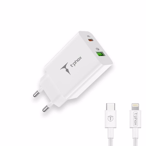 SEINÄLATURI T-PHOX SPEEDY USB-C 20W/USB 18W PD QC + KAAPELI LIGHTNING 1M VALKOINEN