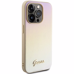 Guess Saffiano Iridescent Script suojakuori iPhone 15 Pro:lle - kultainen