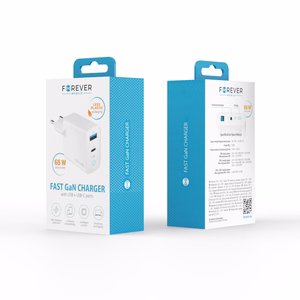 Forever TC-06-65AC GaN PD QC laturi 1x USB-C 1x USB 65W valkoinen