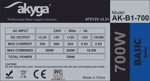 Akyga AK-B1-700 -teholähde 700 W 20+4 pin ATX, harmaa