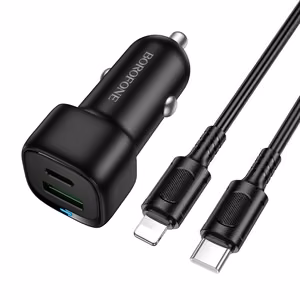 Borofone BZ34B Cloud -autolaturi - USB + Type C - QC 3.0 PD 38W ja Type C - Lightning -kaapeli, musta
