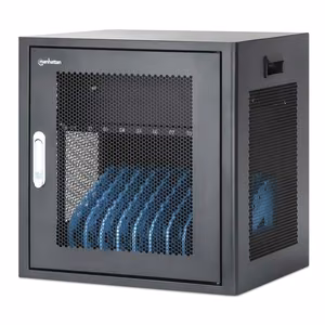 Manhattan Laptop Charging Cabinet Desktop via AC Adapter (EU) 10-bay, Install device's AC Adapter (power cables) into unit, Suitable for ALL laptops (to 16"), iPads, MacBooks, Chromebooks, other portable devices, Bays 380x30x280mm, Cart, Lockable