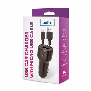 Setty-autolaturi 1x USB 1A musta + microUSB-kaapeli 1,0 m UUSI