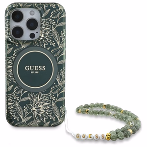 Guess IML Flowers Allover Electro With Pearl Hihna MagSafe Suojakuori iPhone 16 Pro Max:lle - vihreä
