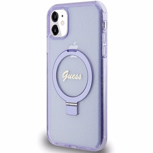 Guess Ring Stand Script Glitter MagSafe suojakuori iPhone 11 / Xr:lle - violetti
