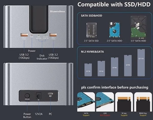 Kaksipaikkainen telakointiasema, M.2 SATA/NVMe, 2,5"/3,5" SSD/HDD, 2x USB-A, USB-C