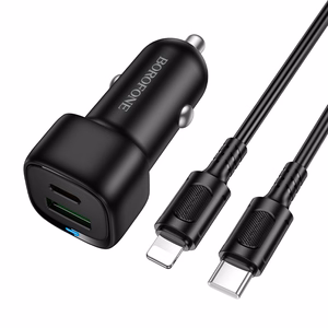 Borofone BZ34B Cloud -autolaturi - USB + Type C - QC 3.0 PD 38W ja Type C - Lightning -kaapeli, musta