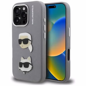 Karl Lagerfeld FW Grained Karl & Choupette Heads Pins Suojakuori iPhone 16 Pro Max - harmaa