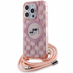 Karl Lagerfeld IML Crossbody Monogram Karl & Choupette Head MagSafe Suojakuori iPhone 15 Pro Max:lle - vaaleanpunainen