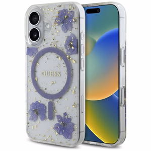 Guess Resin Flowers Glitter MagSafe Suojakuori iPhone 16:lle - Violetti