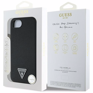 Guess HC MagSafe Grained PU Triangle Logo Suojakuori iPhone 16e:lle - Musta