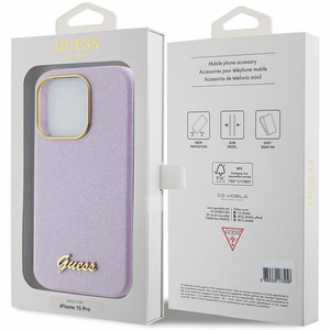Guess Glitter Glossy Script kotelo iPhone 15 Pro Max - liila