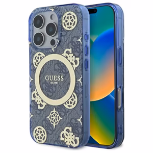 Guess IML Peony On 4G Background MagSafe Case for iPhone 16 Pro - Blue