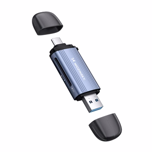 Harmaa alumiininen SD- ja microSD-muistikortinlukija Wozinsky WCR-5G USB-A 3.0 / USB-C 3.0 -liitännällä