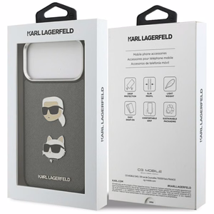 Karl Lagerfeld FW Grained Karl & Choupette Heads Pins & Logo -suojakuori iPhone 17 Pro Max - harmaa