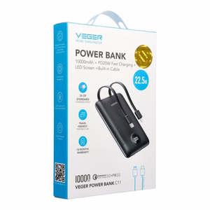 Ulkoinen akku Veger C11 (W1170) PD QC3.0 2A 22,5W 10000 mAh sisäänrakennetuilla USB C -kaapeleilla / Lightning musta
