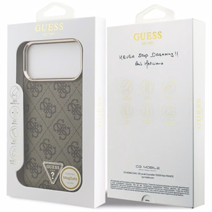 Guess PU Leather 4G Strass Triangle Logo Gold Frame MagSafe -kuori Apple iPhone 18 Pro Max -puhelimelle, ruskea