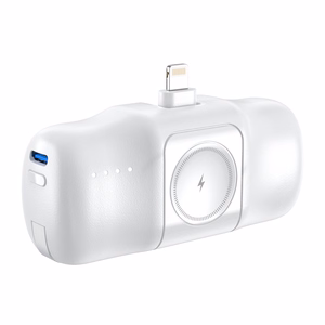 Wozinsky WF16-YLS 5000mAh 15W Lightning Mini Power Bank, jossa on sisäänrakennettu USB-C-kaapeli ja Apple Watch -laturi - Valkoinen