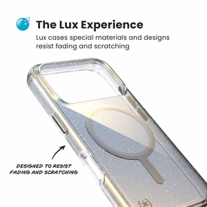 Speck Presidio Lux MagSafe suojakuori iPhone 17 Pro -laitteelle, Hyper Mirror Glitter / Silver Metallic -värinen
