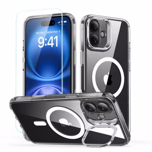 ESR Classic Hybrid Kickstand Halolock MagSafe Suojakuori setti + Karkaistu lasi iPhone 16 Plus:lle - läpinäkyvä