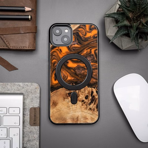 Puu- ja hartsikuori iPhone 15 Plus:lle MagSafe Bewood Unique Orange - oranssi ja musta